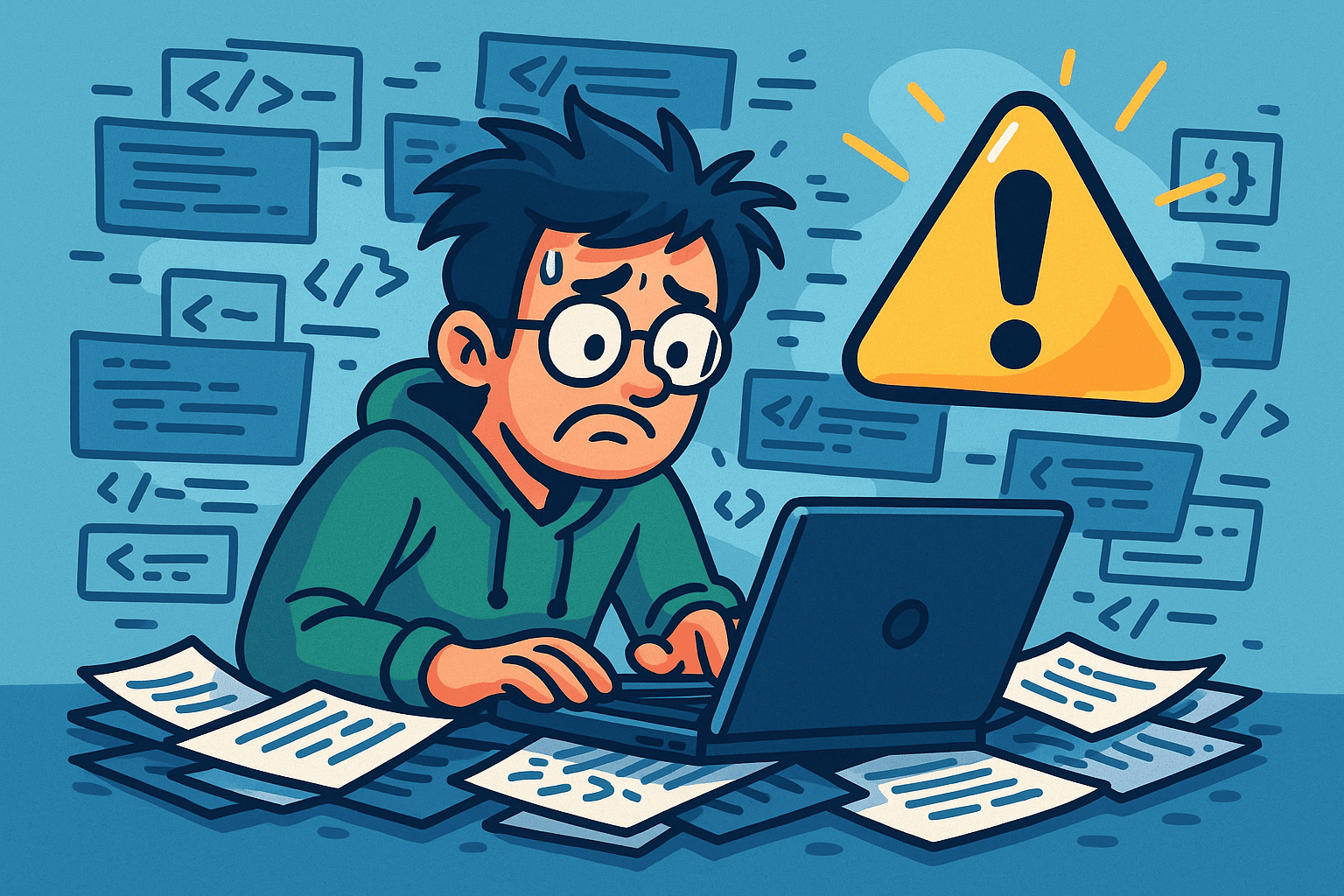 A developer drowning in code, completely ignoring the attention icon.
